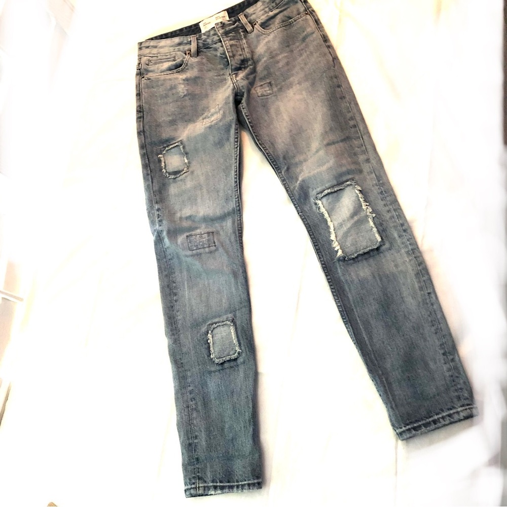 🎈Fairplay distressed and, mid rise straight leg “All is Fair” Motto jeans